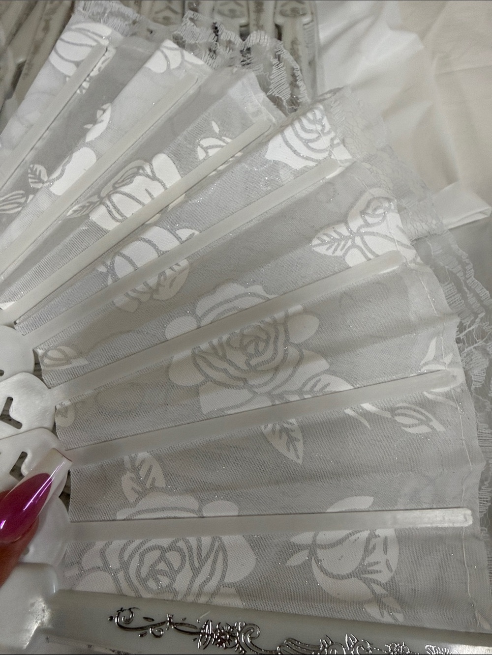 12 White Lace Folding Hand Fans with Silver Embossed Detail - Picture 7 of 9